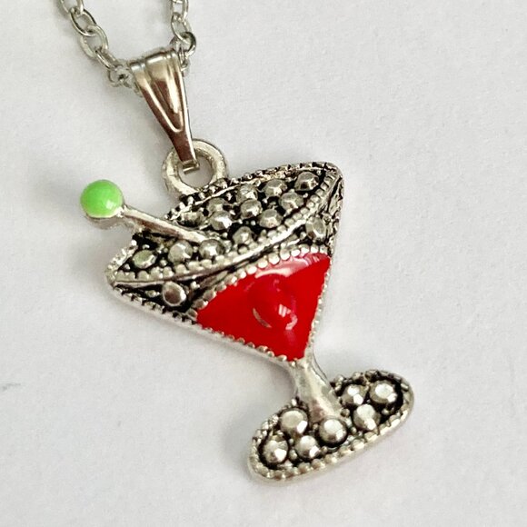 Martini Cocktail Drink Cup Glass Charm Necklace Pendant Red Enamel 18" Chain - Picture 3 of 9